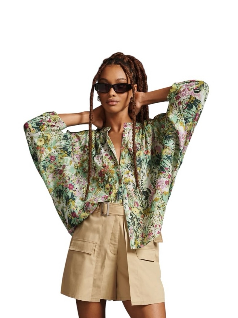 Anthropologie Boho Pilcro "The Sydney" Batwing Blouse - Green Floral Gauze, M